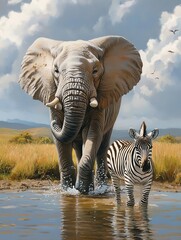 Fototapeta premium Majestic elephant and zebra in tranquil water.