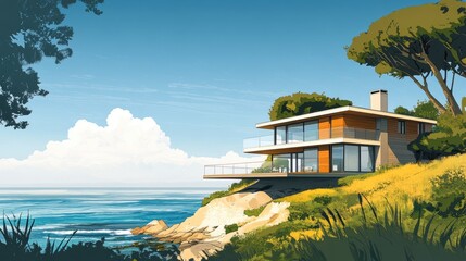 Fototapeta premium Modern coastal home perched on a cliff overlooking the ocean, surrounded by lush greenery under a bright sky.