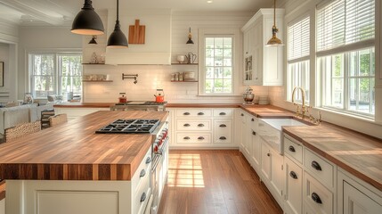 Fototapeta premium Bright kitchen island, hardwood floors, sunny windows, white cabinets, family home interior design