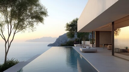 Fototapeta premium Modern cliffside villa with infinity pool overlooking ocean sunset.