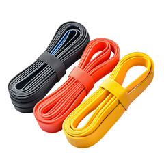 Set of Three Resistance Bands PNG: Black, Orange, and Yellow Exercise Bands for Fitness.