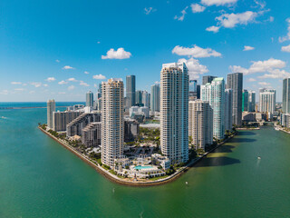 Miami city skyline view of Brickell key. Miami downtown. Skyscraper building. Cityscape building...