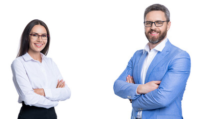 successful businesspeople of business leader and colleague in office isolated on white