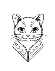 Graphic drawing coloring portrait of a cat in the style of the 80s in a jacket with stars