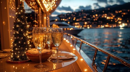 Festive champagne glasses on a yacht deck at sunset overlooking a city harbor