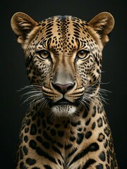 Obraz premium Close-up of a majestic leopard's face, showcasing its striking spots and intense gaze against a dark background.
