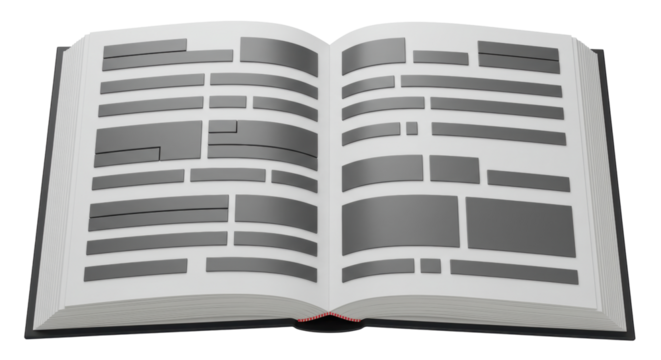 Isolated Open Book Filled with Grey Text Boxes