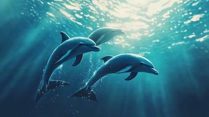 Dolphins swimming gracefully underwater.