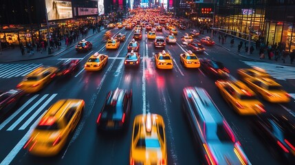 Traffic flow times square cityscape urban environment aerial view vibrant hustle and bustle
