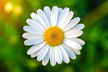 Obraz premium A perfect daisy, a symbol of innocence and purity, blossoms in a sun-drenched meadow, bathed in soft light and a blurred green background.