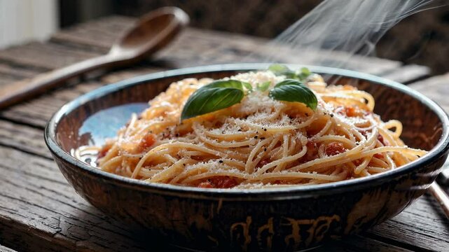 Spaghetti maison servis dans une assiette rustique avec sauce tomate, fromage r&acirc;p&eacute; et feuilles de basilic, vapeur chaude visible, ambiance chaleureuse sur table en bois