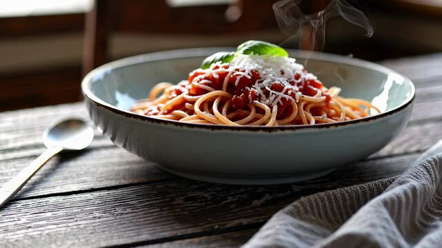 Spaghetti fumants avec sauce tomate, fromage r&acirc;p&eacute; et feuilles de basilic servis dans une assiette rustique sur table en bois, ambiance chaleureuse de repas italien