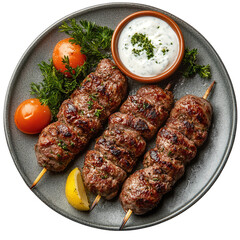 Turkish-style mutton kebabs with yogurt dip, isolated on a transparent background.