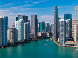 Downtown Brickell Miami. Panoramic modern architecture in Miami downtown, Florida. Miami skyline panoramic view. Aerial view of cityscape with skyscraper in Brickell Key, US of America