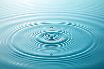 Tranquil ripples expanding outwards from a single drop of water on a serene, aquamarine surface, capturing a moment of peaceful stillness.