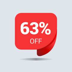 63% off discount, sixty three percent chat balloon. Special offer sale red tag. Concept of the price list for discounts. Advertising campaign, sales, label offer. Vector illustration.