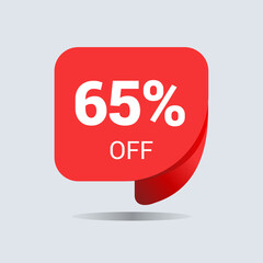 65% off discount, sixty five percent chat balloon. Special offer sale red tag. Concept of the price list for discounts. Advertising campaign, sales, label offer. Vector illustration.
