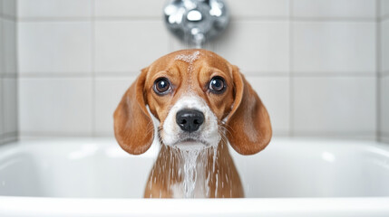Dog grooming cafe, A beagle standing in a small tub while being rinsed, captured in high fidelity.