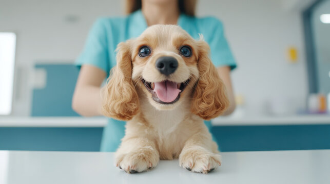 Dog grooming cafe, A Cocker Spaniel getting its nails trimmed, highlighting pet grooming and care in a high-fidelity image.