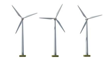 Isolated Row of Three Elegant White Wind Turbines against a Clear Sky