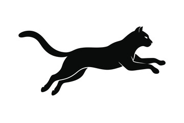 Silhouette Leaping Feline Vector, Elegant Black Cat Jumping, White Background
