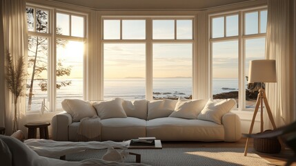 Sunlit living room with ocean view, featuring a comfy sofa and large bay window.