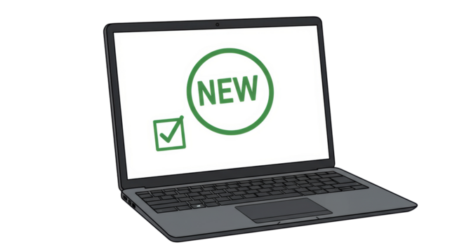 Isolated Laptop Computer with NEW Sign and Checkmark on Screen