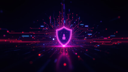 Cybersecurity shield with digital glitch effect and vibrant colors, suggesting protection against cyber threats.