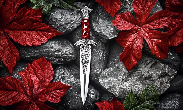 Decorative dagger amidst red leaves and stones