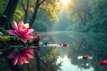 Intricate floral design reflected on calm lake surface, flowers, serene
