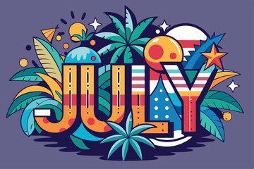 Colorful Tropical July with Palm Leaves, Stars, and Summer Vibes on Violet
