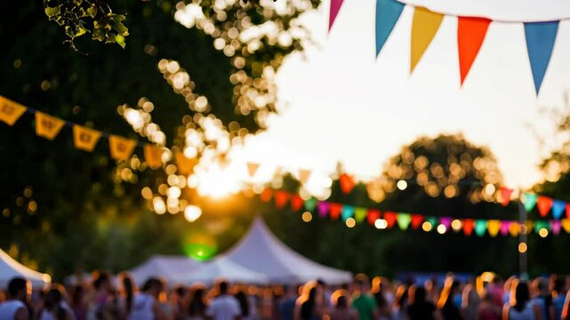 Outdoor summer festival at sunset with colorful bunting and crowd