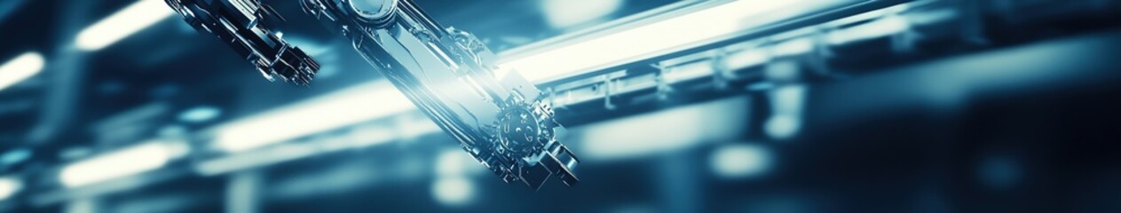 Dynamic Industrial Symphony: Robotic Arms and Conveyor Belts in Motion Against Bright Background. Gears and Metallic Textures Showcase Efficient Production. Futuristic Manufacturing Concept for Design