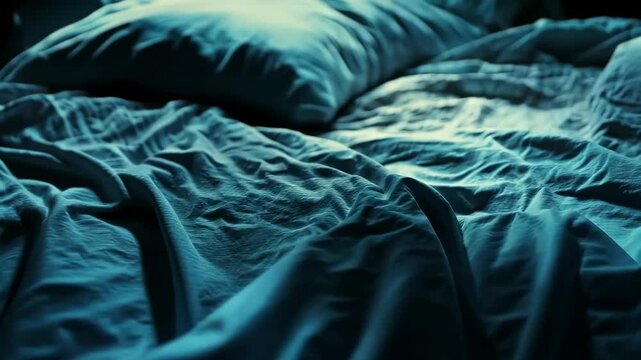 Soft, rumpled sheets on a cozy bed in low light create a serene atmosphere for rest and relaxation at night