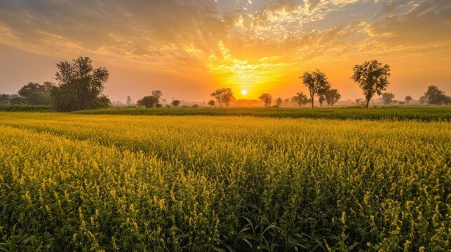 Rural Punjab at dawn, beautiful mustard fields shining under the early morning light generative ai