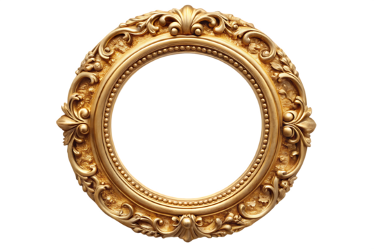 Ornate gold oval frame from 70s era, elegant and vintage, isolated on white, line drawing monoline style.