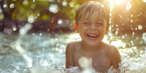 Fototapeta premium Joyful child laughing and splashing in water on a sunny summer day