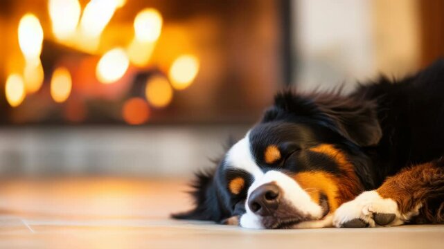 Cozy winter scene with sleeping bernese mountain dog by fireplace