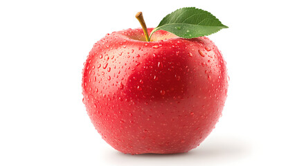 Ripe Red Apple with Water Droplets on White Background