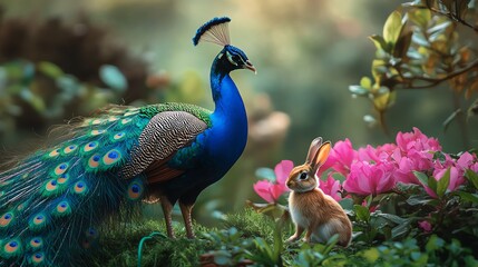 Obraz premium A peacock and rabbit in a colorful garden.