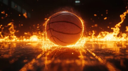 Basketball ball on fire, burning on a court floor.