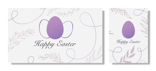 Elegant Easter greeting cards with a pastel purple egg, floral elements, and decorative swirls on a light background. Festive and minimalist design.