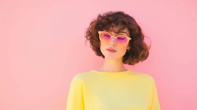 Young female in trendy sunglasses against pink background for fashion ads