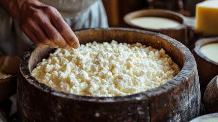 Hands press fresh curds into a wooden mold to create artisan cheese for aging in a traditional cheesemaking workshop