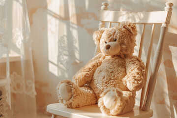 A plush teddy bear sitting on a wooden chair in a sunlit room with a background of soft pastel color.