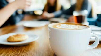 Coffee gathering with caucasian adults enjoying lattes and pastries in cafe