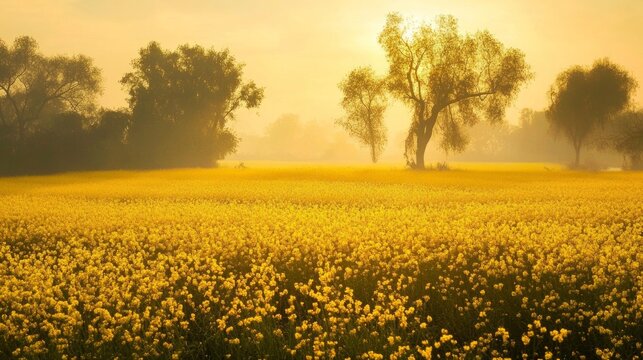 Rural Punjab at dawn, beautiful mustard fields shining under the early morning light generative ai