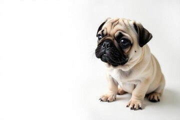 Obraz premium Single pug, attentively gazing, on pure white backdrop, breed, attention, friendly