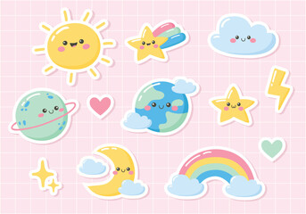 Cute Kawaii Sticker set on pink background. Hand drawn cartoon sun, rainbow, cloud, planets, stars, lightning, moon, hearts. Vector illustration