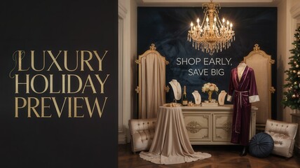 Elegant luxury holiday preview display with jewelry, velvet robe, and festive decor, featuring text Shop Early, Save Big in a sophisticated setting